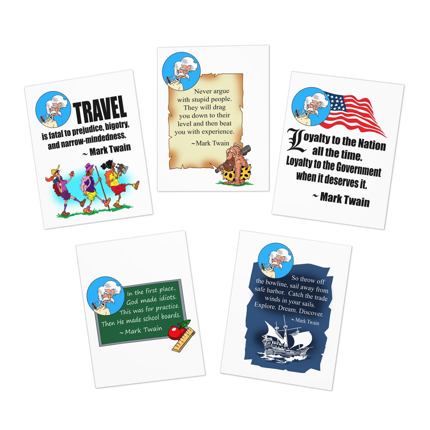 Cards 5 pack, Mark Twain, Quotes, Literature, Post Cards, Mugs, Humor, Correspondence, Writing, Reading, Quotes